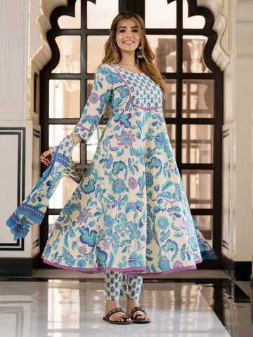 Jaitpuriya Women Blue And Cream Pure Cotton Anarkali Kurta Bottom Dupatta set