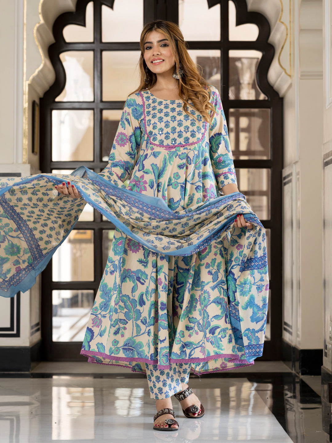 Jaitpuriya Women Blue And Cream Pure Cotton Anarkali Kurta Bottom Dupatta set