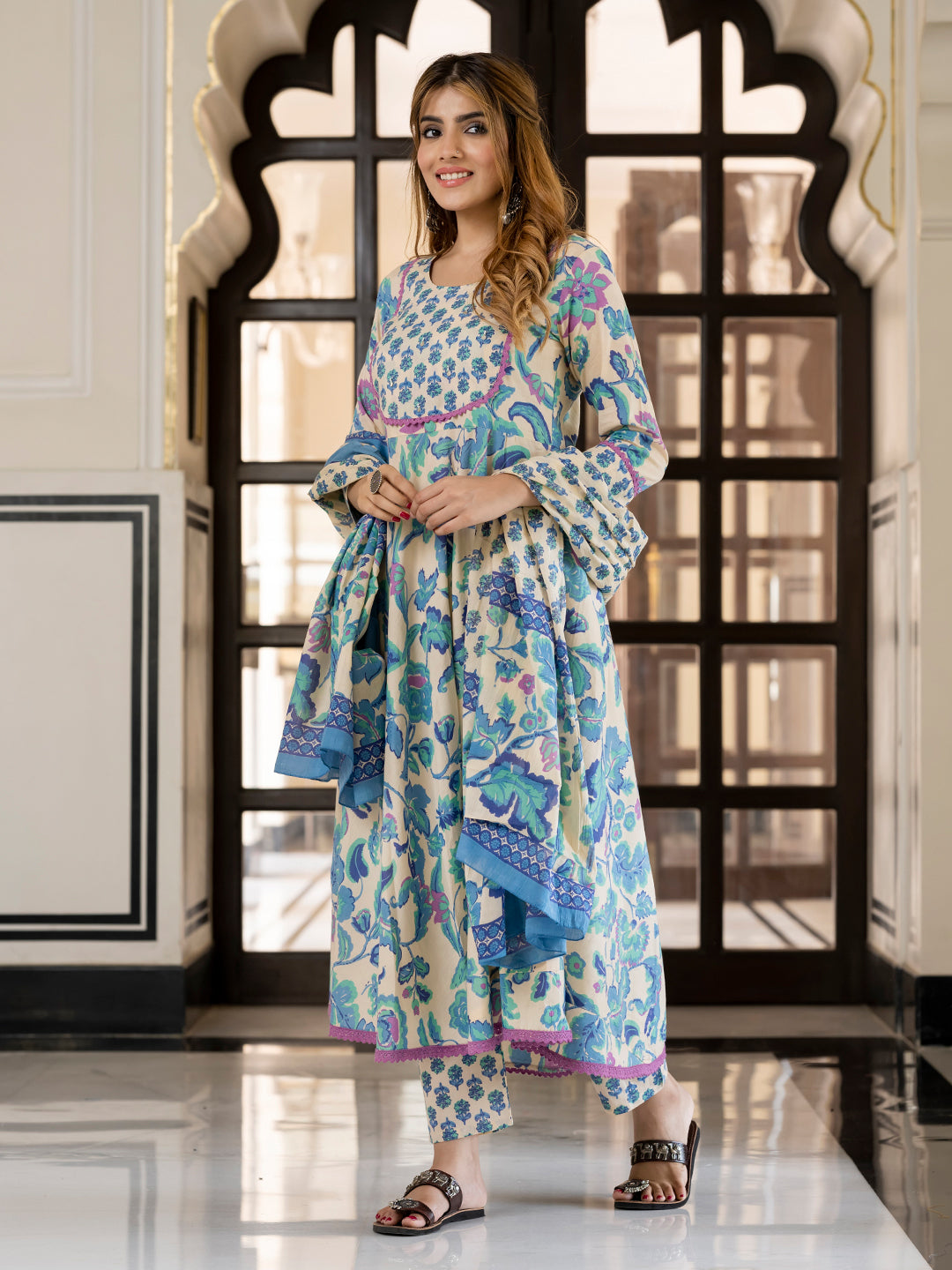 Jaitpuriya Women Blue And Cream Pure Cotton Anarkali Kurta Bottom Dupatta set