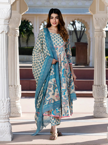 Jaitpuriya Women Cream Floral Print Anarkali Kurta Set with Dupatta
