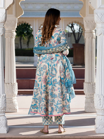 Jaitpuriya Women Cream Floral Print Anarkali Kurta Set with Dupatta