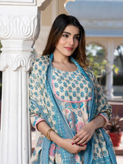 Jaitpuriya Women Cream Floral Print Anarkali Kurta Set with Dupatta