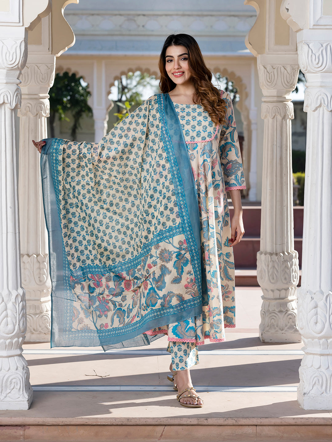 Jaitpuriya Women Cream Floral Print Anarkali Kurta Set with Dupatta