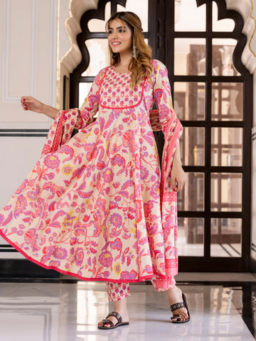 Jaitpuriya Women Purple And Cream Pure Cotton Anarkali Kurta Bottom Dupatta set