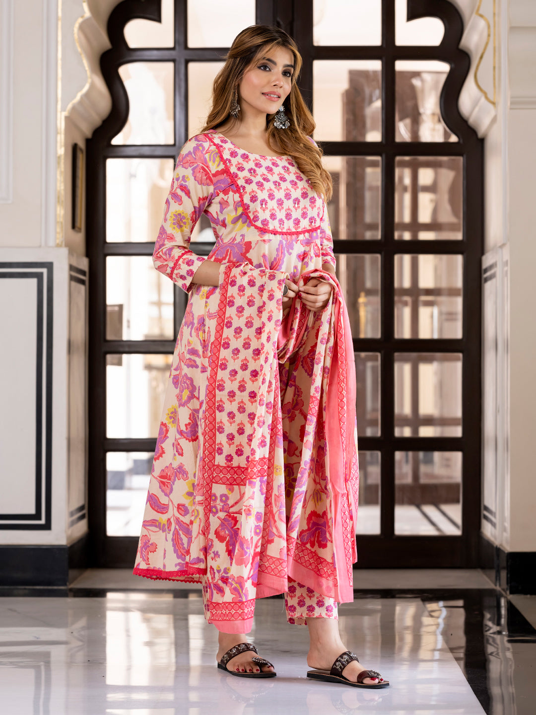 Jaitpuriya Women Purple And Cream Pure Cotton Anarkali Kurta Bottom Dupatta set
