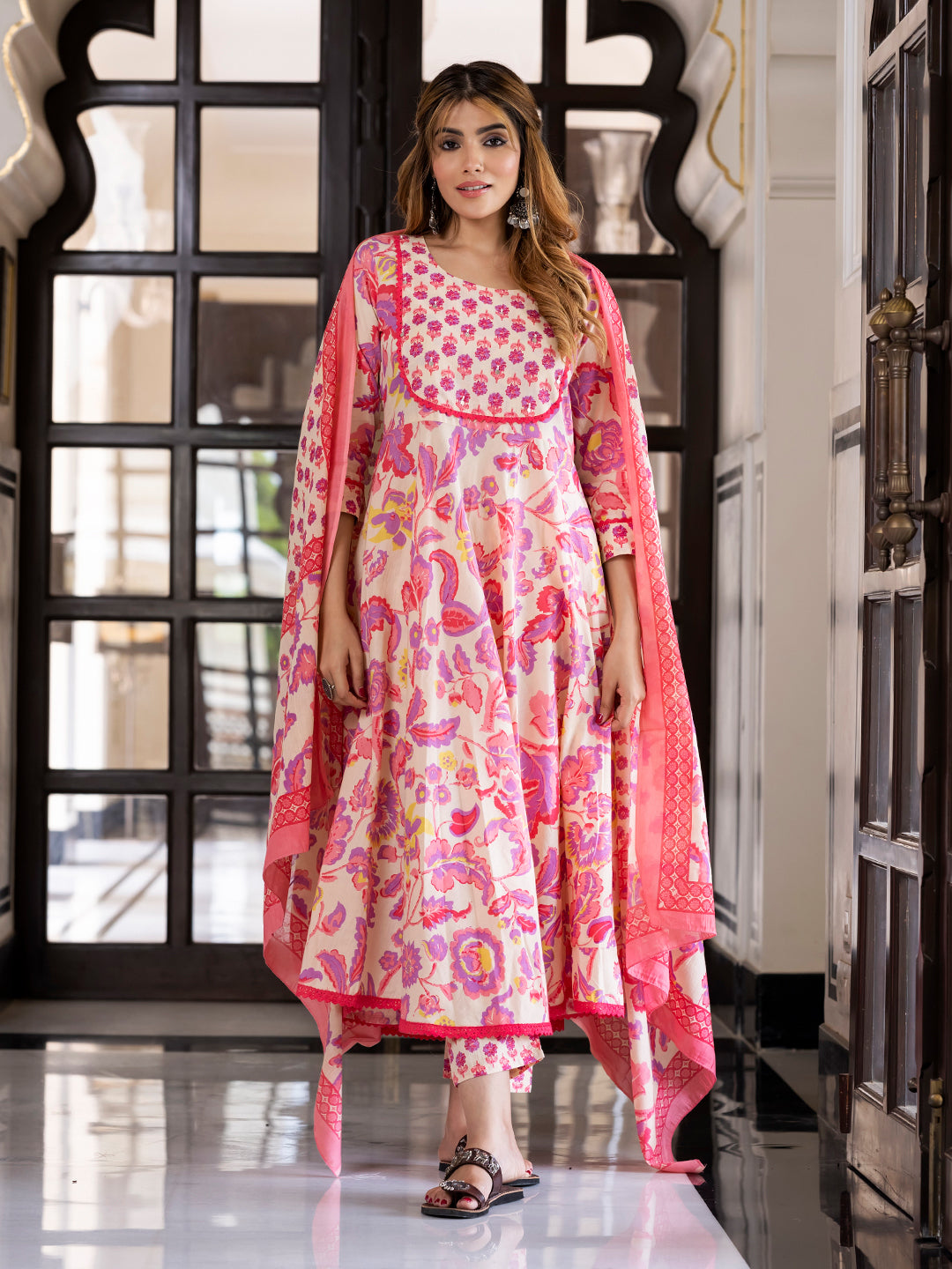 Jaitpuriya Women Purple And Cream Pure Cotton Anarkali Kurta Bottom Dupatta set
