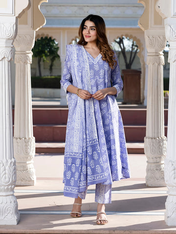 Jaitpuriya Women Blue Floral Print Anarkali Kurta Set with Dupatta