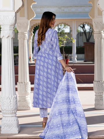 Jaitpuriya Women Blue Floral Print Anarkali Kurta Set with Dupatta
