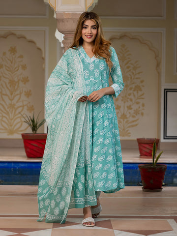 Jaitpuriya Women Turquoise Floral Print Anarkali Kurta Set with Dupatta