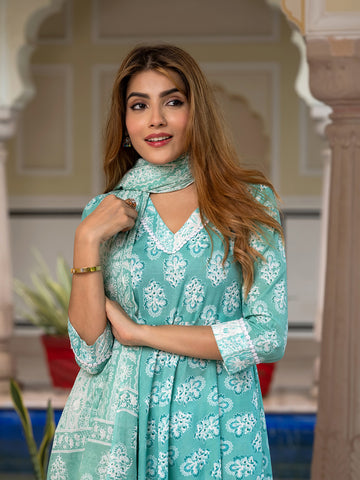 Jaitpuriya Women Turquoise Floral Print Anarkali Kurta Set with Dupatta