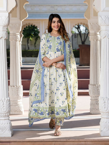 Jaitpuriya Women Blue and Cream Floral Print Anarkali Kurta Set with Dupatta