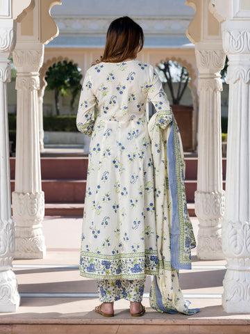 Jaitpuriya Women Blue and Cream Floral Print Anarkali Kurta Set with Dupatta