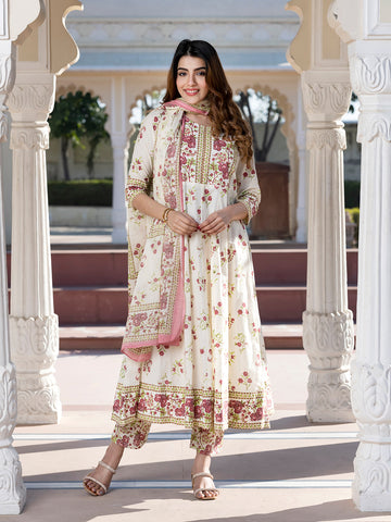 Jaitpuriya Women Brown and Cream Floral Print Anarkali Kurta Set with Dupatta