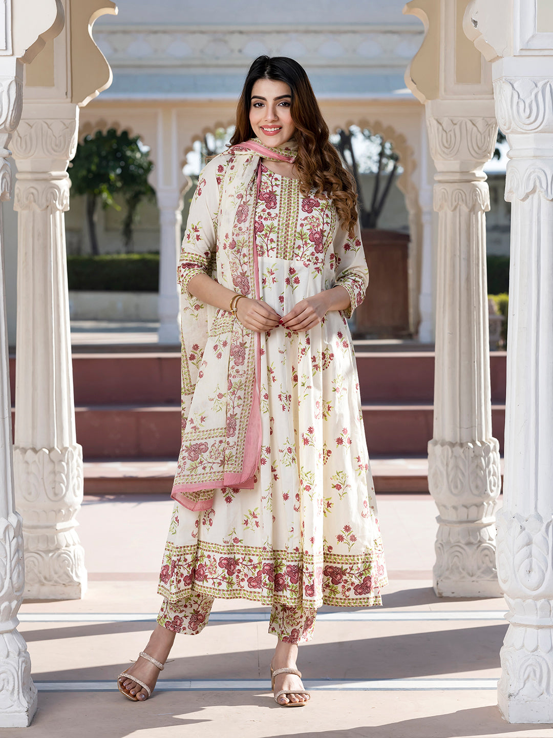 Jaitpuriya Women Brown and Cream Floral Print Anarkali Kurta Set with Dupatta