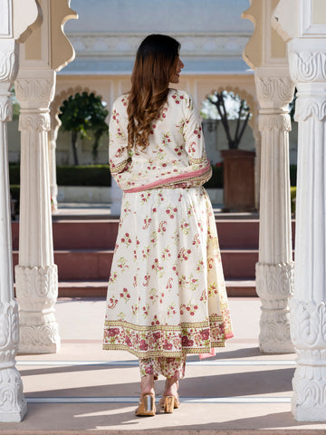 Jaitpuriya Women Brown and Cream Floral Print Anarkali Kurta Set with Dupatta