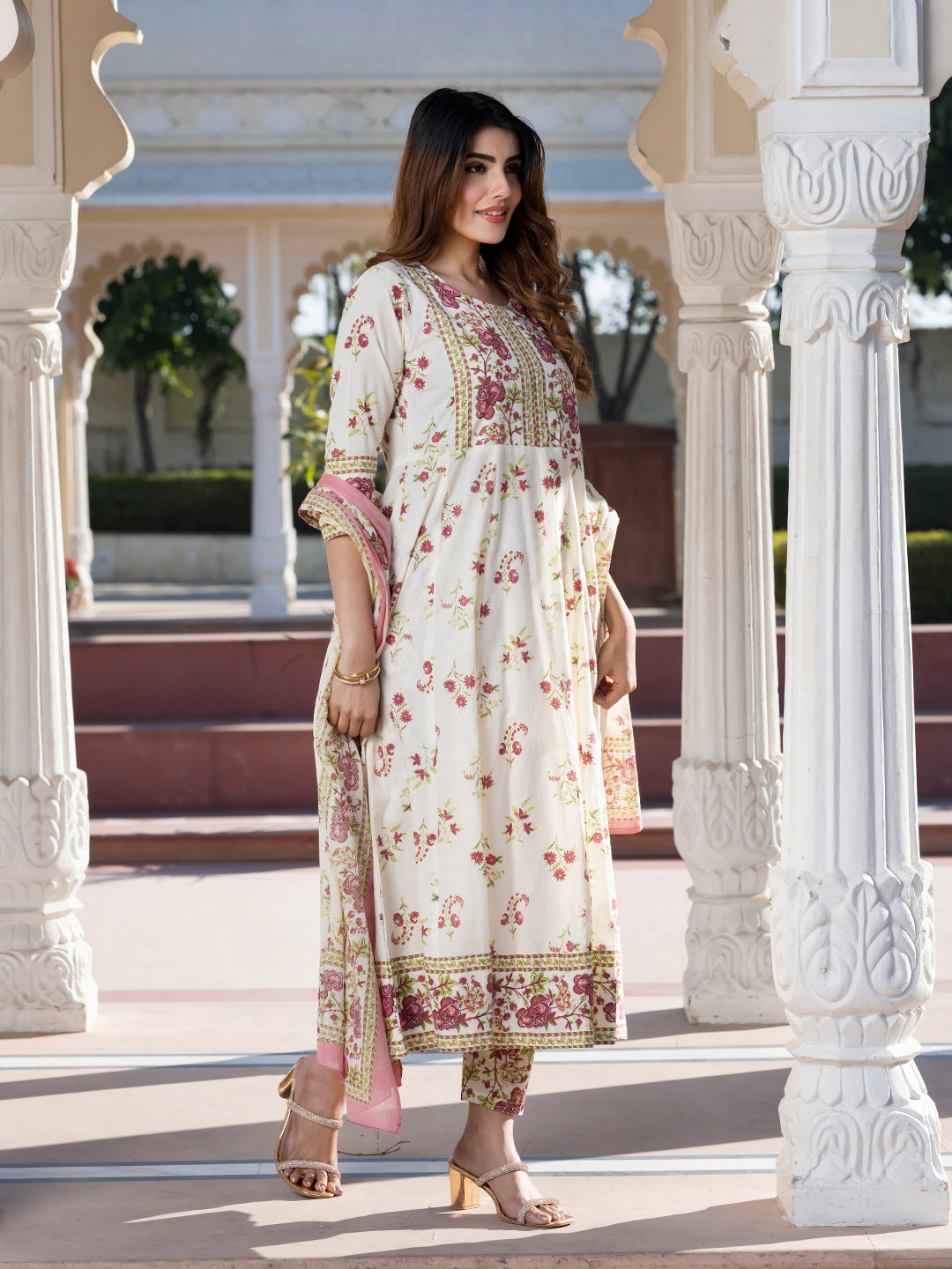 Jaitpuriya Women Brown and Cream Floral Print Anarkali Kurta Set with Dupatta