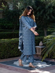 Jaitpuriya Women Grey and White Floral Print Kurta Set with Palazzo and Dupatta