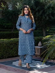 Jaitpuriya Women Grey and White Floral Print Kurta Set with Palazzo and Dupatta