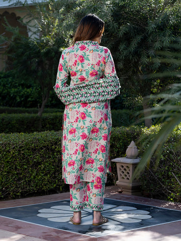Jaitpuriya Women Cream and Pink Floral Print Kurta Set with Trouser and Dupatta