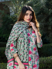 Jaitpuriya Women Cream and Pink Floral Print Kurta Set with Trouser and Dupatta