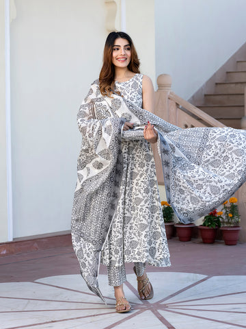 Jaitpuriya Women Grey and White Floral Print Anarkali Kurta Set with Trouser and Dupatta