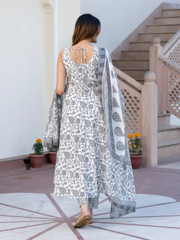 Jaitpuriya Women Grey and White Floral Print Anarkali Kurta Set with Trouser and Dupatta