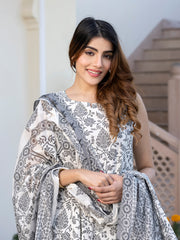 Jaitpuriya Women Grey and White Floral Print Anarkali Kurta Set with Trouser and Dupatta
