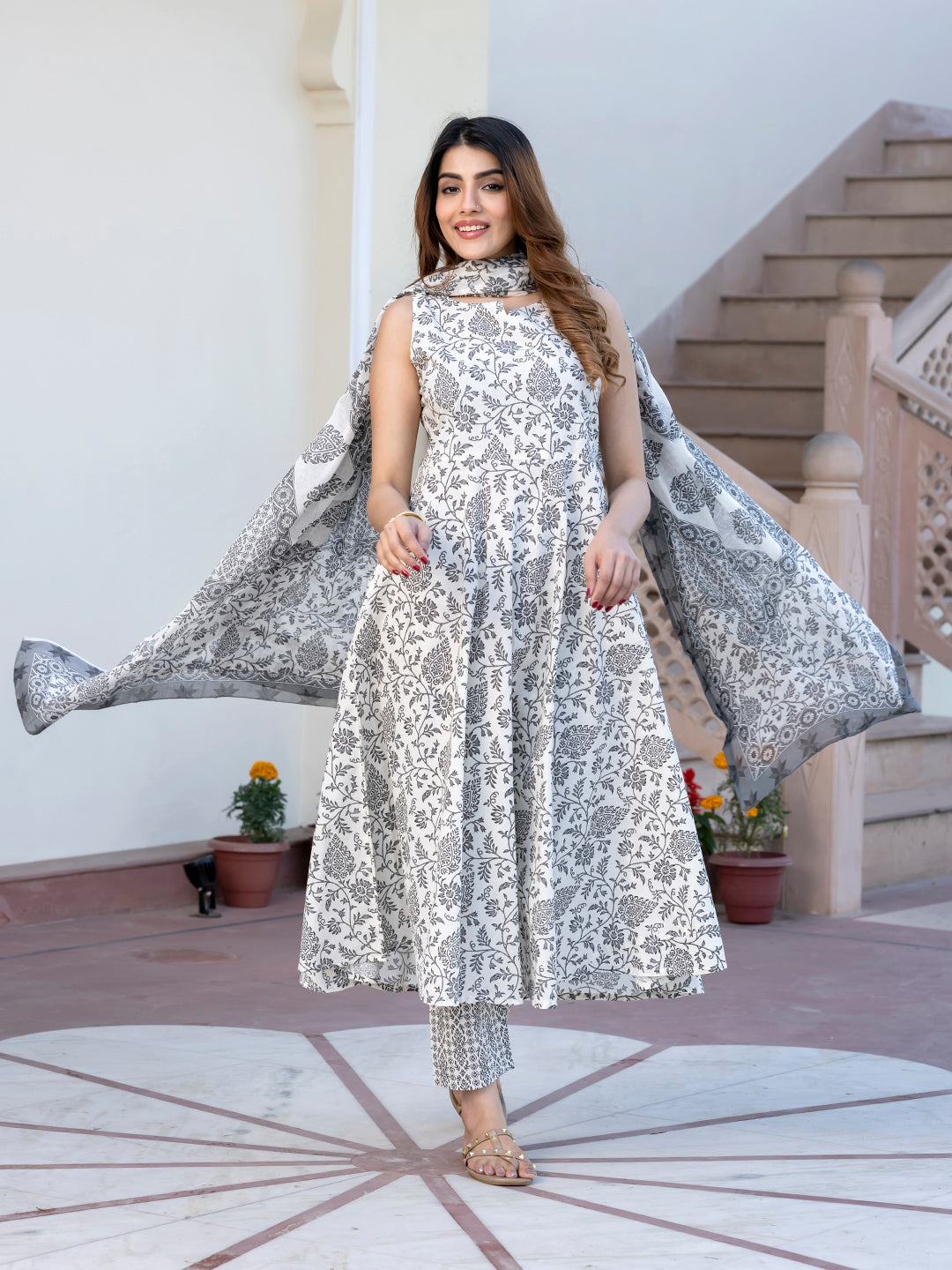 Jaitpuriya Women Grey and White Floral Print Anarkali Kurta Set with Trouser and Dupatta