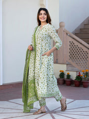 Jaitpuriya Women Green and White Floral Print Anarkali Kurta Set with Trouser and Dupatta