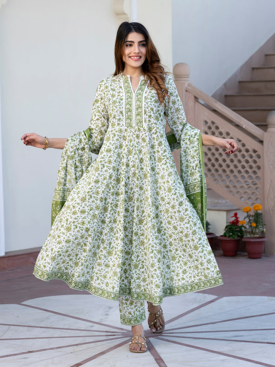 Jaitpuriya Women Green and White Floral Print Anarkali Kurta Set with Trouser and Dupatta