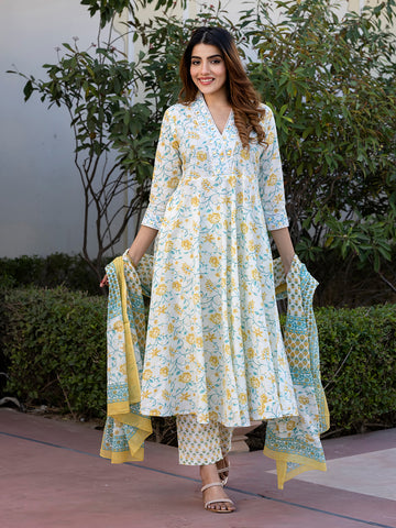 Jaitpuriya Women Yellow and White Floral Print Anarkali Kurta Set with Trouser and Dupatta