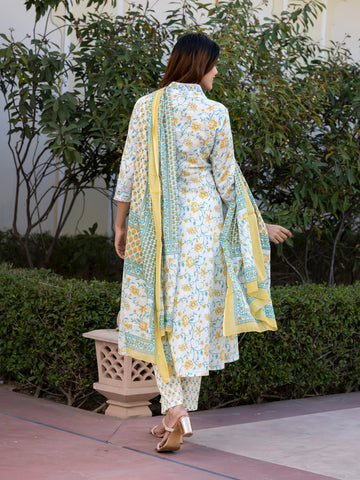 Jaitpuriya Women Yellow and White Floral Print Anarkali Kurta Set with Trouser and Dupatta