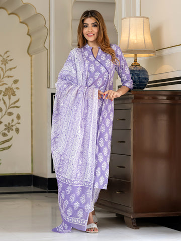 Jaitpuriya Women Blue And White Pure Cotton Straight Kurta Bottom Dupatta set