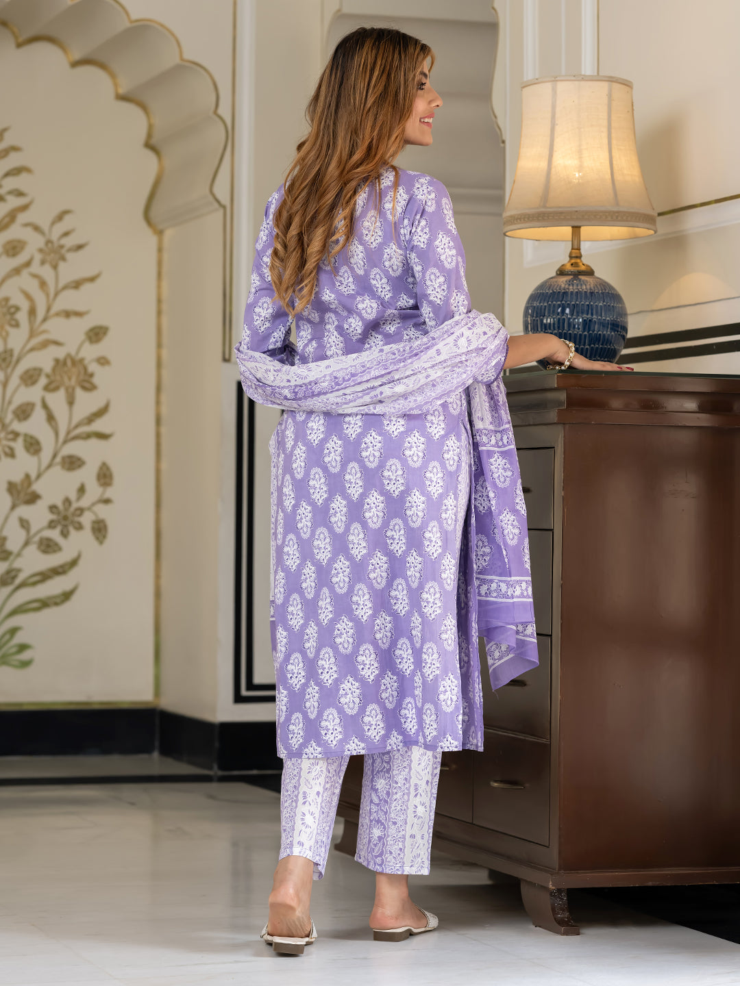 Jaitpuriya Women Blue And White Pure Cotton Straight Kurta Bottom Dupatta set
