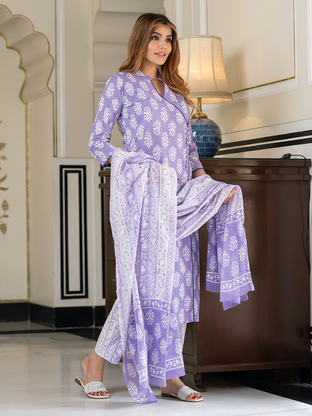 Jaitpuriya Women Blue And White Pure Cotton Straight Kurta Bottom Dupatta set