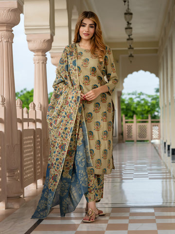 Jaitpuriya Women Green And orange Pure Cotton Straight Kurta Bottom Dupatta set