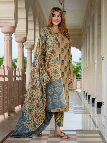 Jaitpuriya Women Green And orange Pure Cotton Straight Kurta Bottom Dupatta set