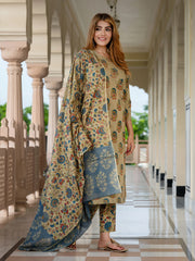 Jaitpuriya Women Green And orange Pure Cotton Straight Kurta Bottom Dupatta set