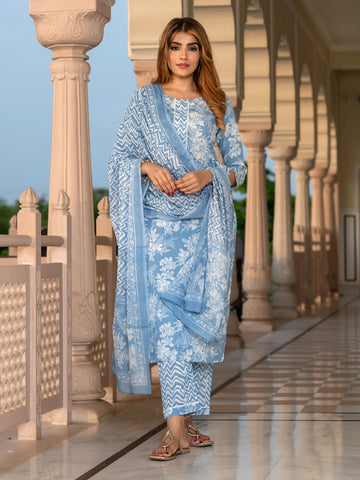 Jaitpuriya Women Blue Pure Cotton Straight Kurta Bottom Dupatta set