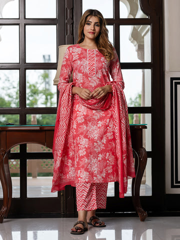Jaitpuriya Women Pink Pure Cotton Straight Kurta Bottom Dupatta set