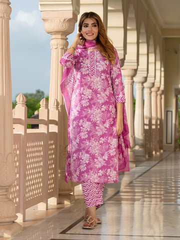 Jaitpuriya Women Purple Pure Cotton Straight Kurta Bottom Dupatta set