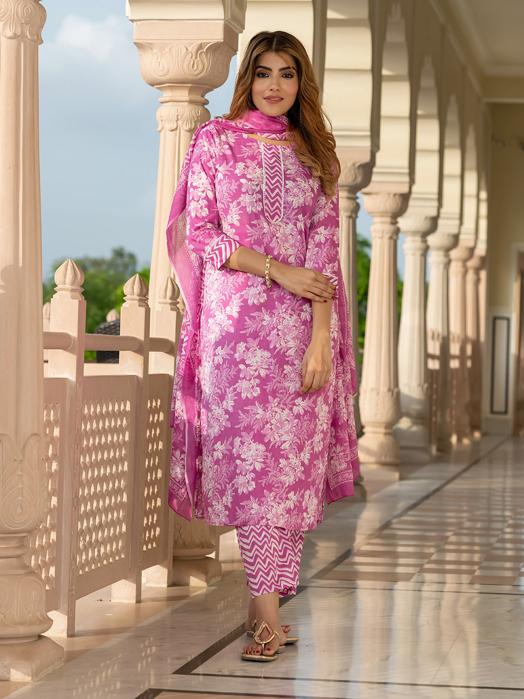 Jaitpuriya Women Purple Pure Cotton Straight Kurta Bottom Dupatta set