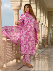 Jaitpuriya Women Purple Pure Cotton Straight Kurta Bottom Dupatta set