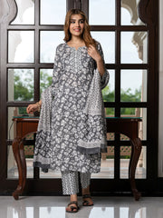 Jaitpuriya Women Grey And White Pure Cotton Straight Kurta Bottom Dupatta set