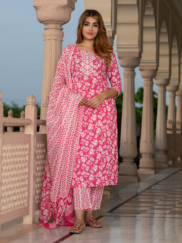 Jaitpuriya Women Pink And White Pure Cotton Straight Kurta Bottom Dupatta set