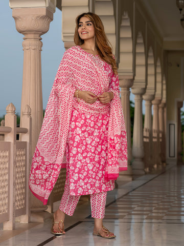 Jaitpuriya Women Pink And White Pure Cotton Straight Kurta Bottom Dupatta set