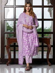Jaitpuriya Women Purple And White Pure Cotton Straight Kurta Bottom Dupatta set