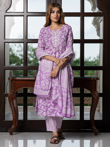 Jaitpuriya Women Purple And White Pure Cotton Straight Kurta Bottom Dupatta set