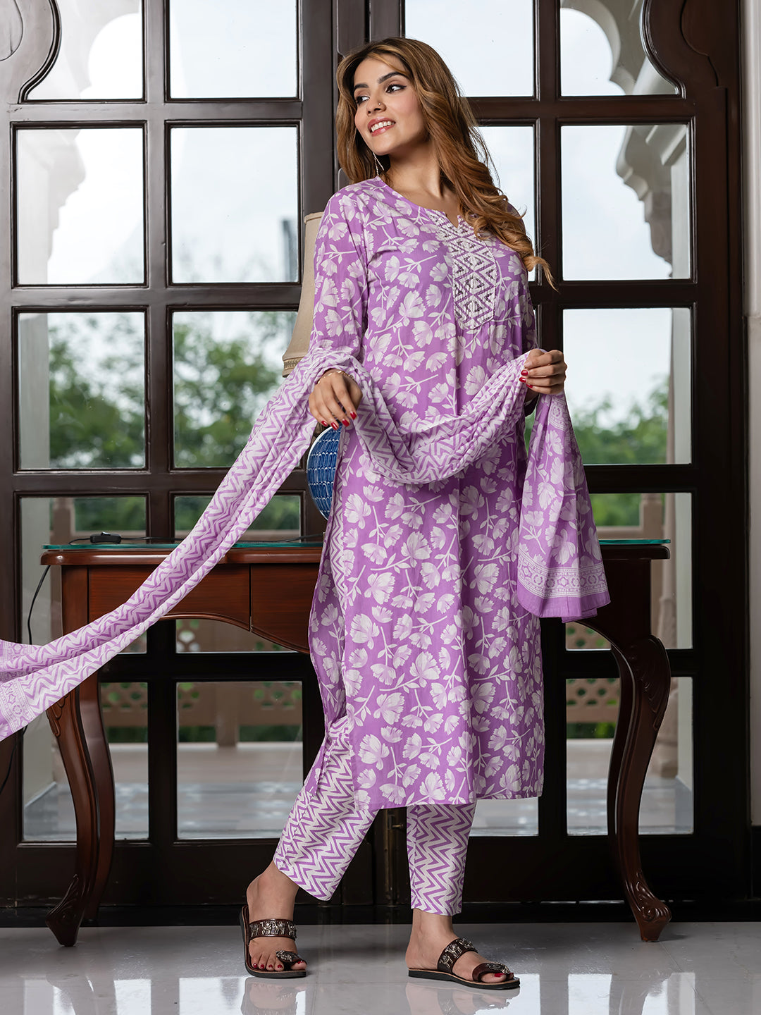 Jaitpuriya Women Purple And White Pure Cotton Straight Kurta Bottom Dupatta set