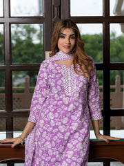 Jaitpuriya Women Purple And White Pure Cotton Straight Kurta Bottom Dupatta set